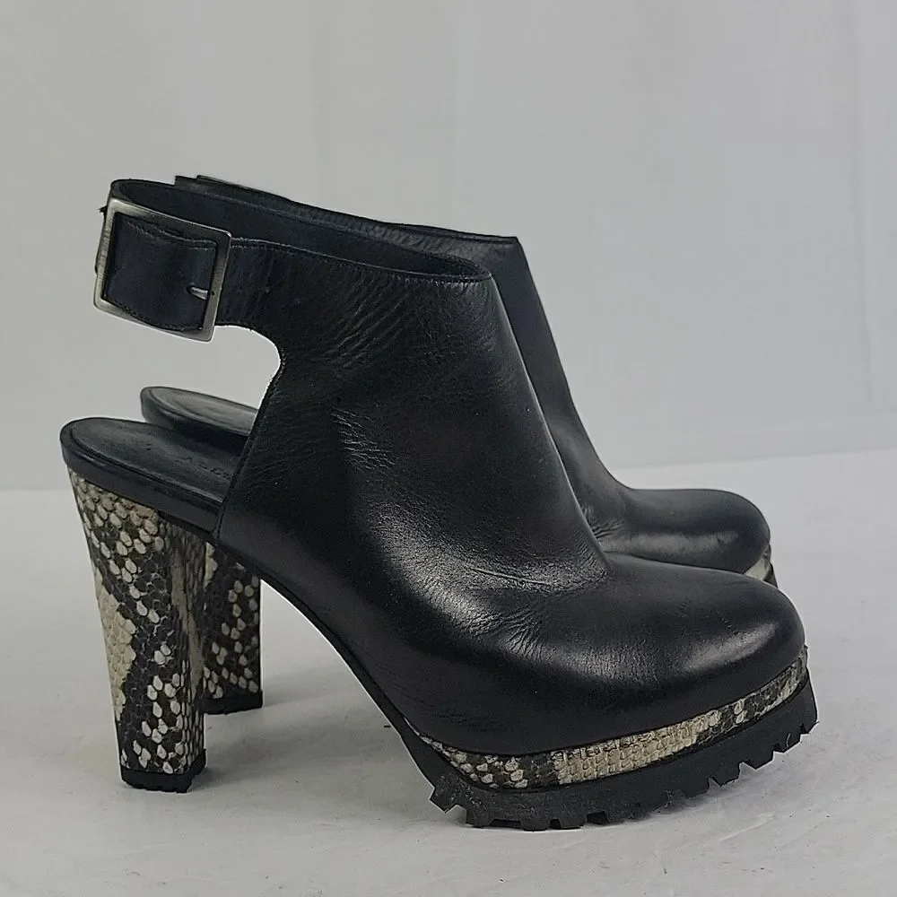 AllSaints Sarris Black White Snakeprint Platform Slingback Booties
